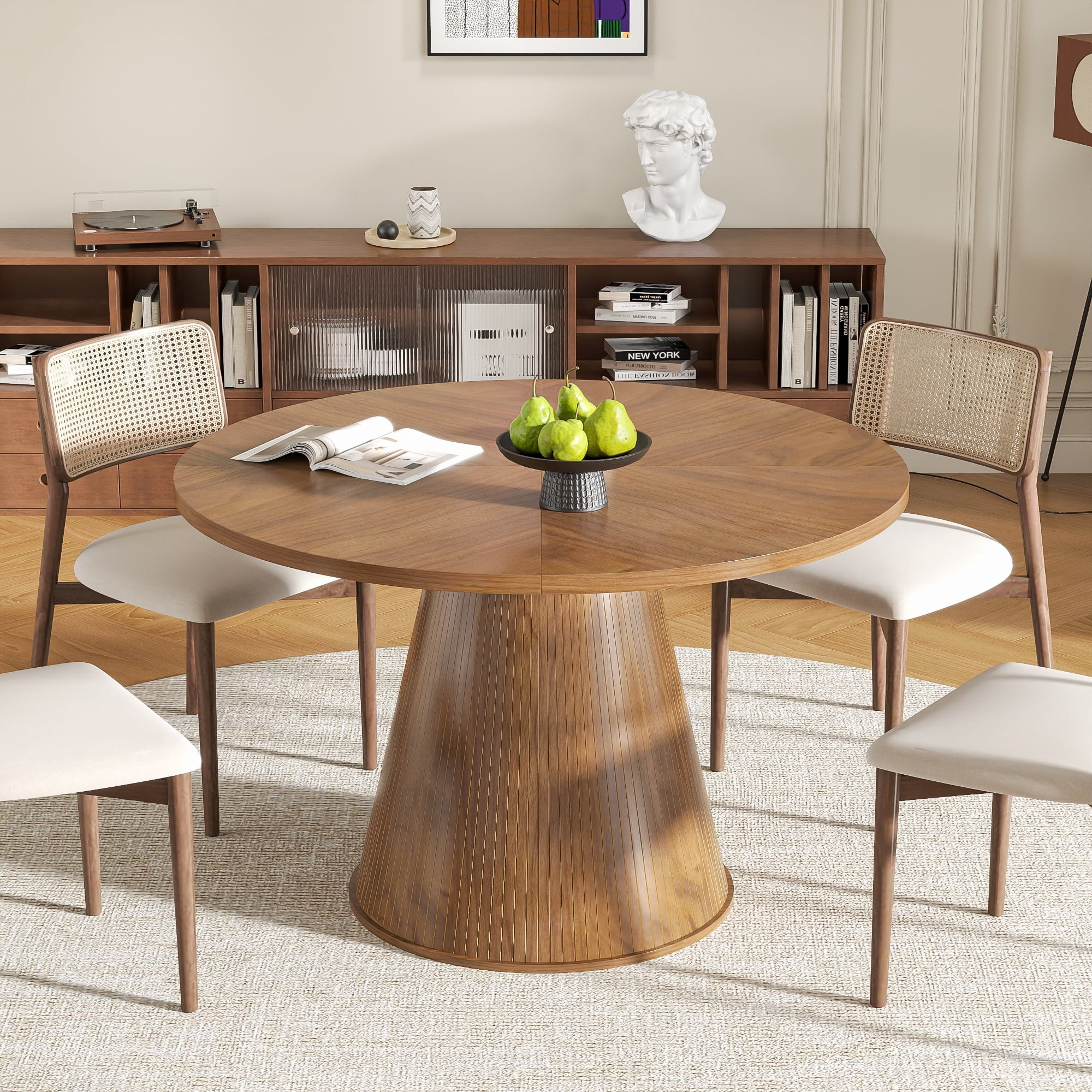 47 inch Round Dining Table for 4, Farmhouse Kitchen Table, Circle Dining Table for Kitchen, Living Room, Walnut