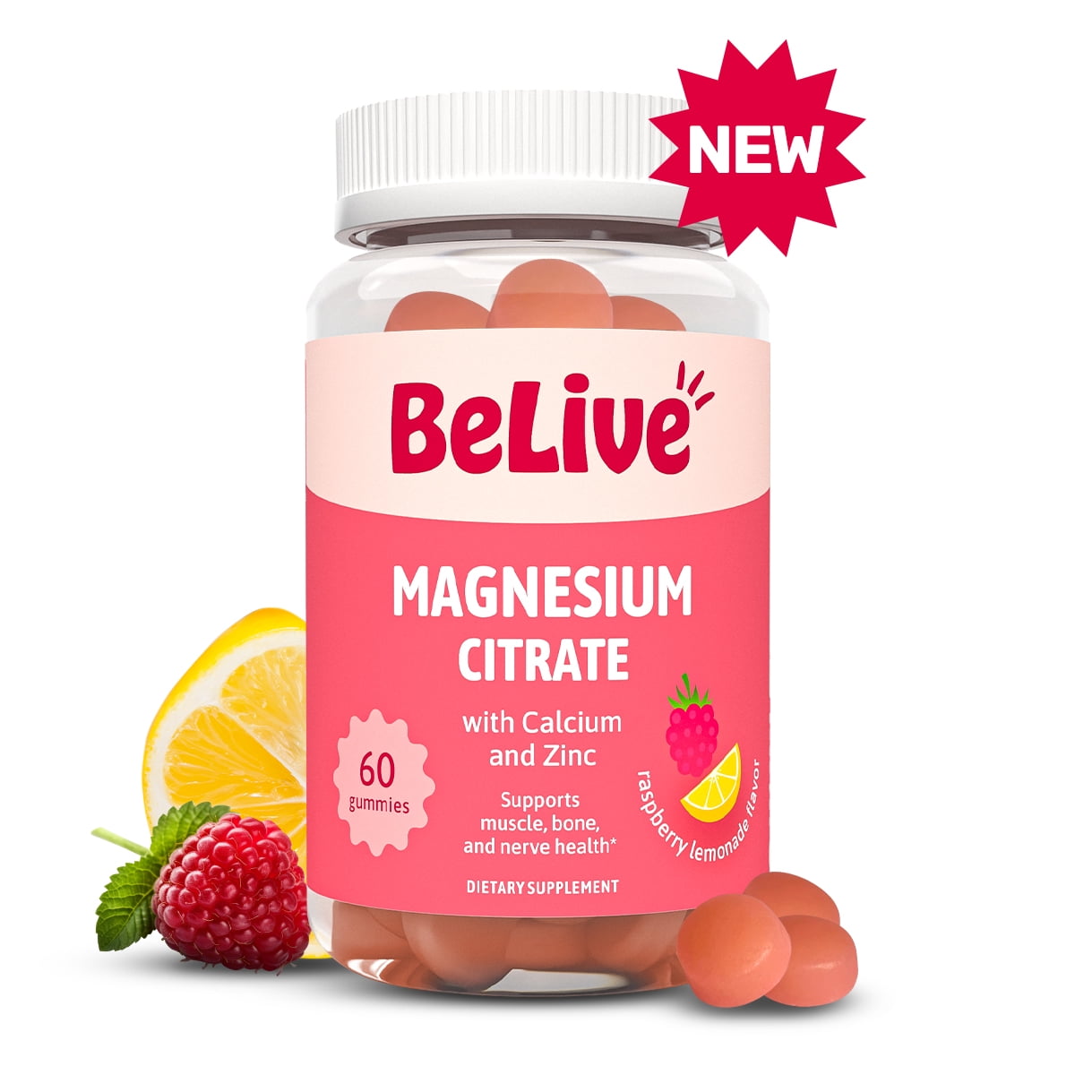 BeLive Magnesium Citrate Gummies - High Absorption Magnesium Supplement with Calcium and Zinc for Relaxation, Digestion Regularity and Muscle Health - Adults and Kids - Raspberry Lemonade - 60 Count