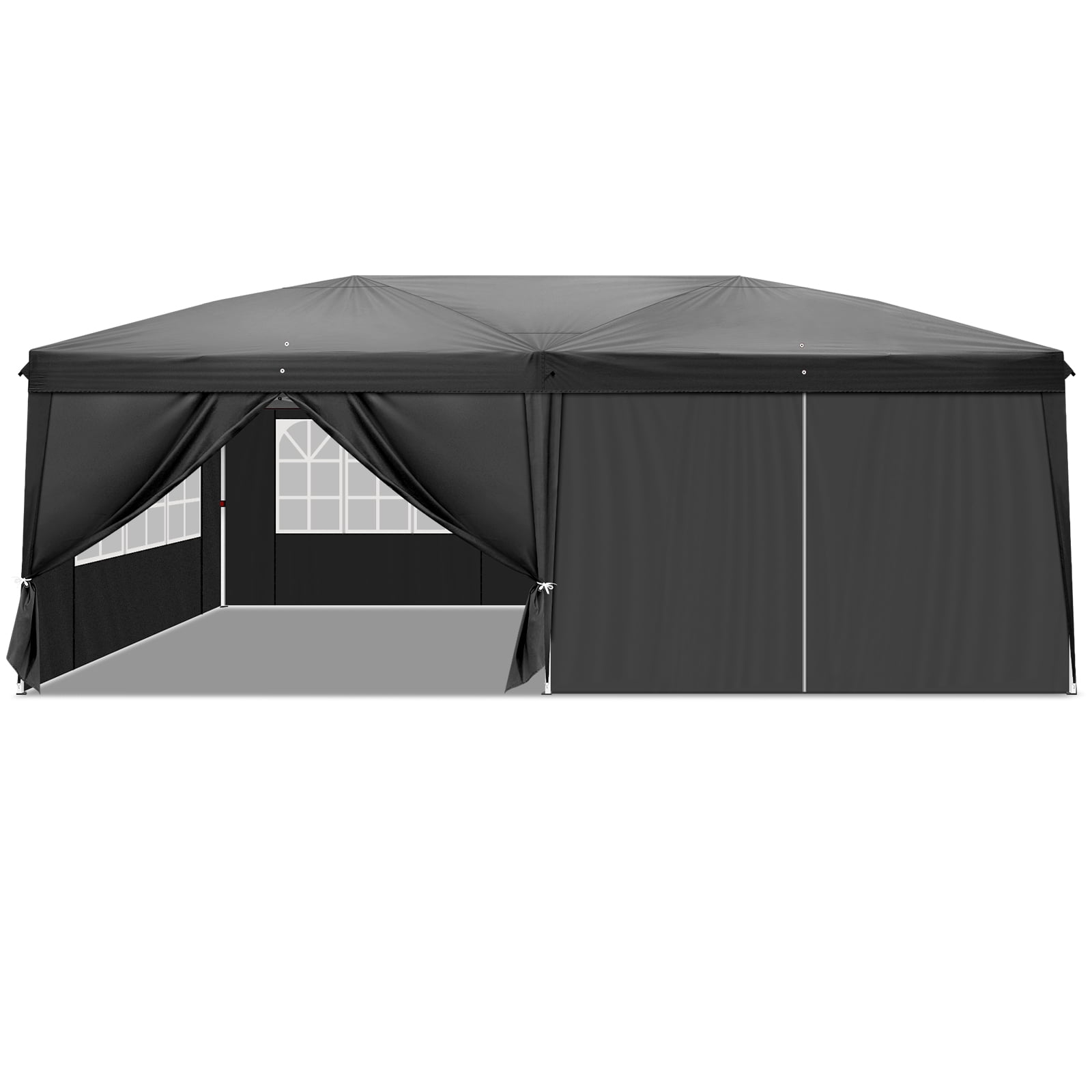 10x20ft Instant Pop Up Canopy Tent Black, 6 Mesh Panels 2 Doors 4 Mesh Windows, 28/22mm Powder Coated Steel Frame, 10x20mm Crossbar, 210D Oxford Folding Outdoor Tent with Carry Bag No Sandbags