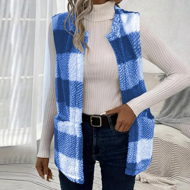 RBCKVXZ Womens Fuzzy Fleece Plaid Vests Sleeveless Open Front Jacket with Pockets Long Flannel Shacket Blue M
