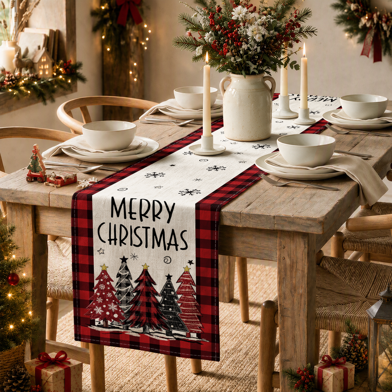 Sm:)e Buffalo Plaid Christmas Trees Table Runner photo 2
