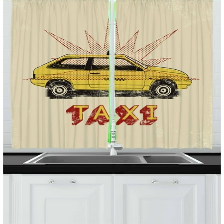 - Retro Curtains 2 Panels Set, Pop Art Style Old Fashioned Taxi Cab with Grunge Effects Vintage Car Graphic, Window Drapes for Living Room Bedroom, 55W X 39L Inches, Beige Yellow Ruby, by Ambesonne