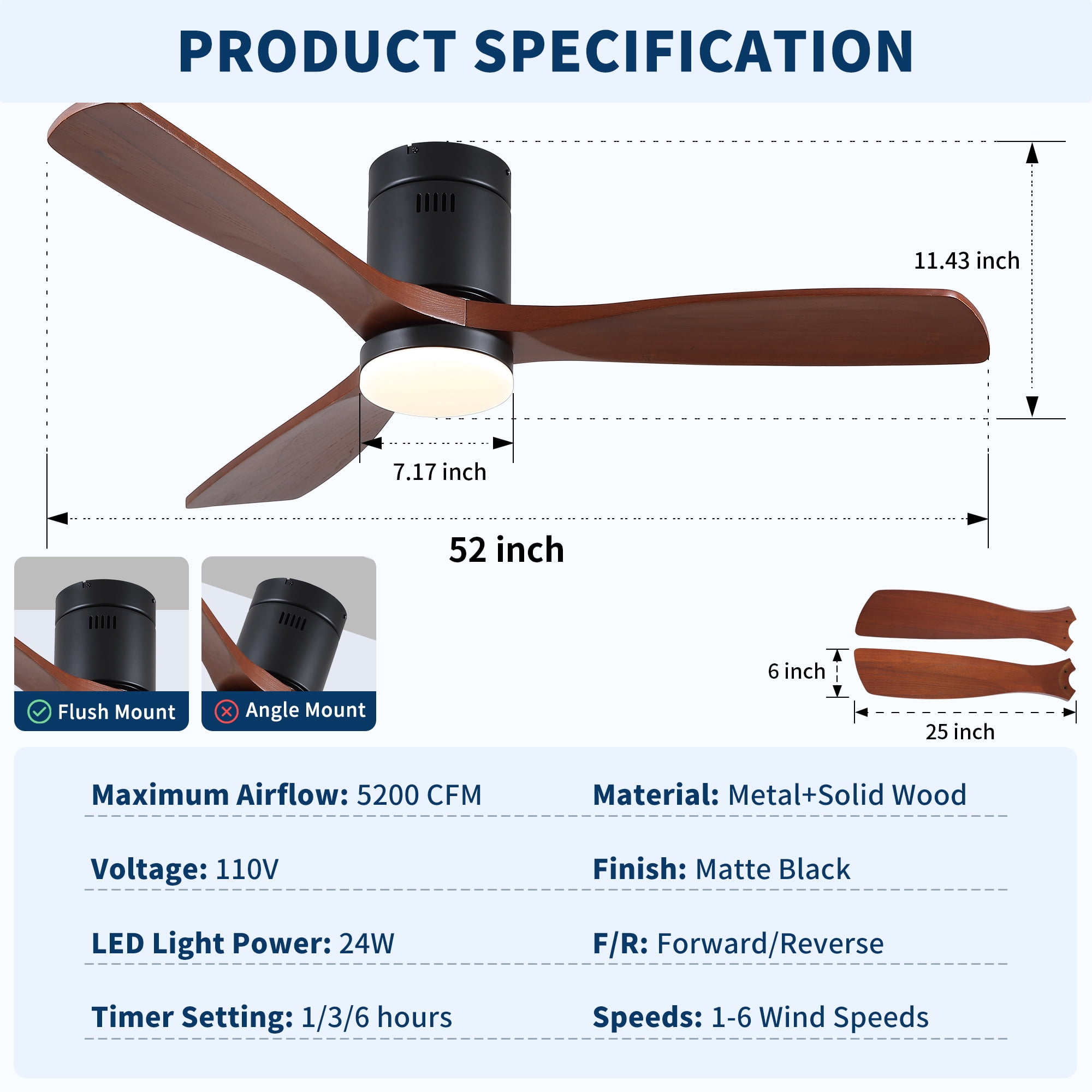 Leumius 52" Mordern Matte Black Farmhouse Retro Solid Wood Low Profile Flush Mount Intergrated LED Ceiling Fan with Light for Living Room Bedroom
