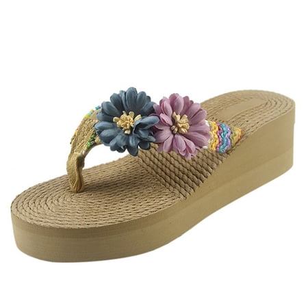 

zttd women weave beach breathable sandals home slipper flower flip-flops wedges shoes women s slipper a