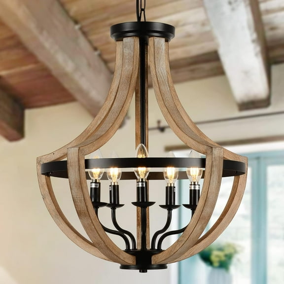 19" Farmhouse Chandelier Light Fixtures, 5-Light Dining Room Light Fixtures Over Table, Solid Wood Modern Chandeliers for Dining Room Living Room Kitchen Island Bedroom Foyer, Height Adjustable, Brown