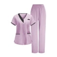 thumbnail image 2 of FNFYFH Women's Scrubs Sets V Neck Top and Wide Leg Pants Housekeeping Cleaning Hotel Uniform Waitress Workwear Sets with Pockets, 2 of 9