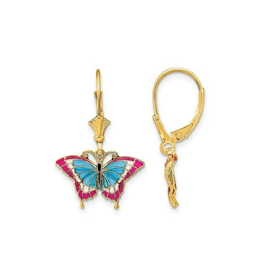 Blue and Red Stained Glass Butterfly Dangle Leverback Earrings in 14K Yellow Gold for Women