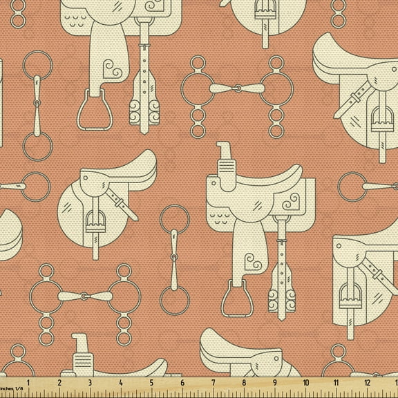 Ambesonne Horse Fabric by the Yard Upholstery, Western Saddles Bits Elements, 3 Yards, Dark Peach and Cream