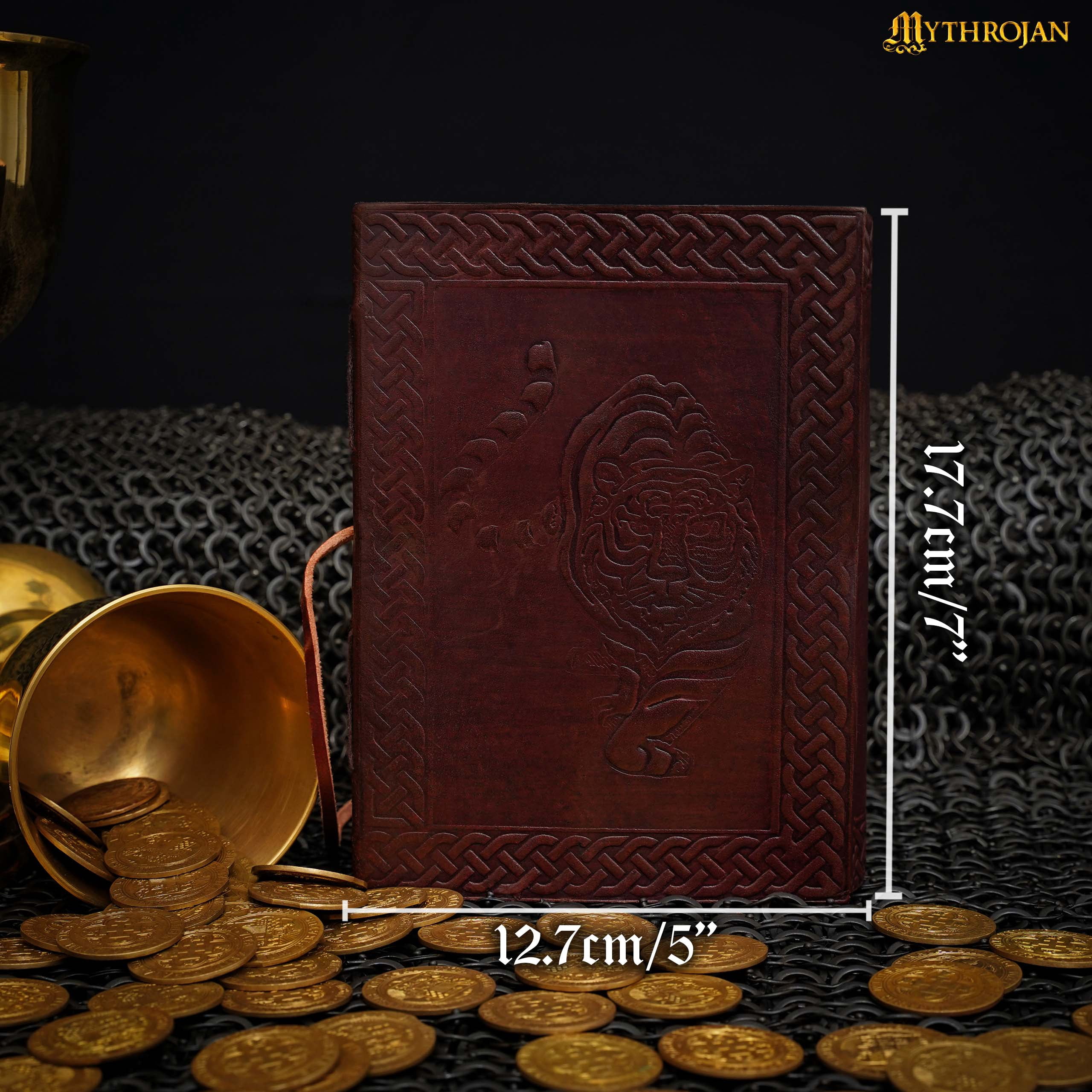 Mythrojan Leather Bound  Journal Antique Handmade Vintage Diary  Bound Journal with Tiger Embossed Cover Diary Drawing Paper Sketchbook Leather Book - Great Gift for Men and Women -7" x 5"