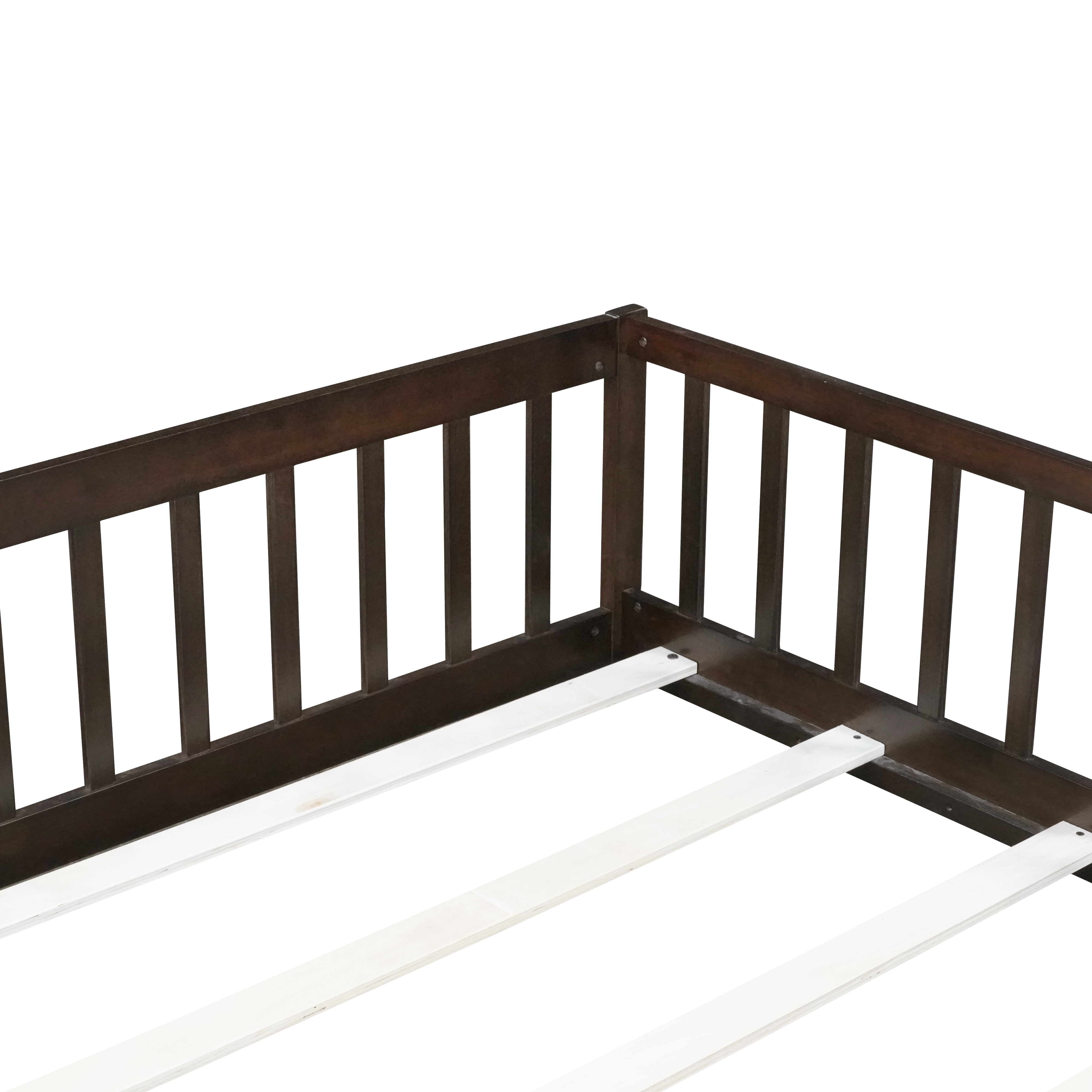 Miniyam Full Size Floor Bed with Guardrails and Door for Kids, Espresso
