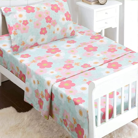 UPC: 0737107950913 | Flower Rosa Flourish Butterfly 3 Piece Teal Pink Cotton Toddler Sheet Set