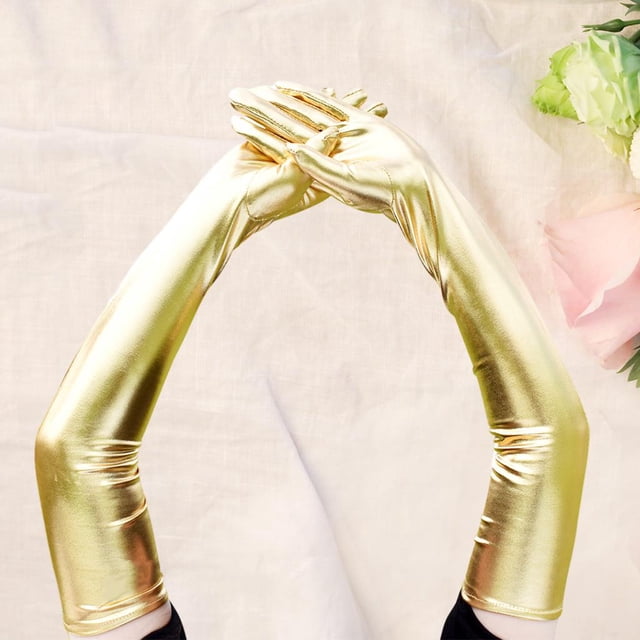 Guantes largos Hugo metálicos para Dance Opera Cosplay 53cm Oro