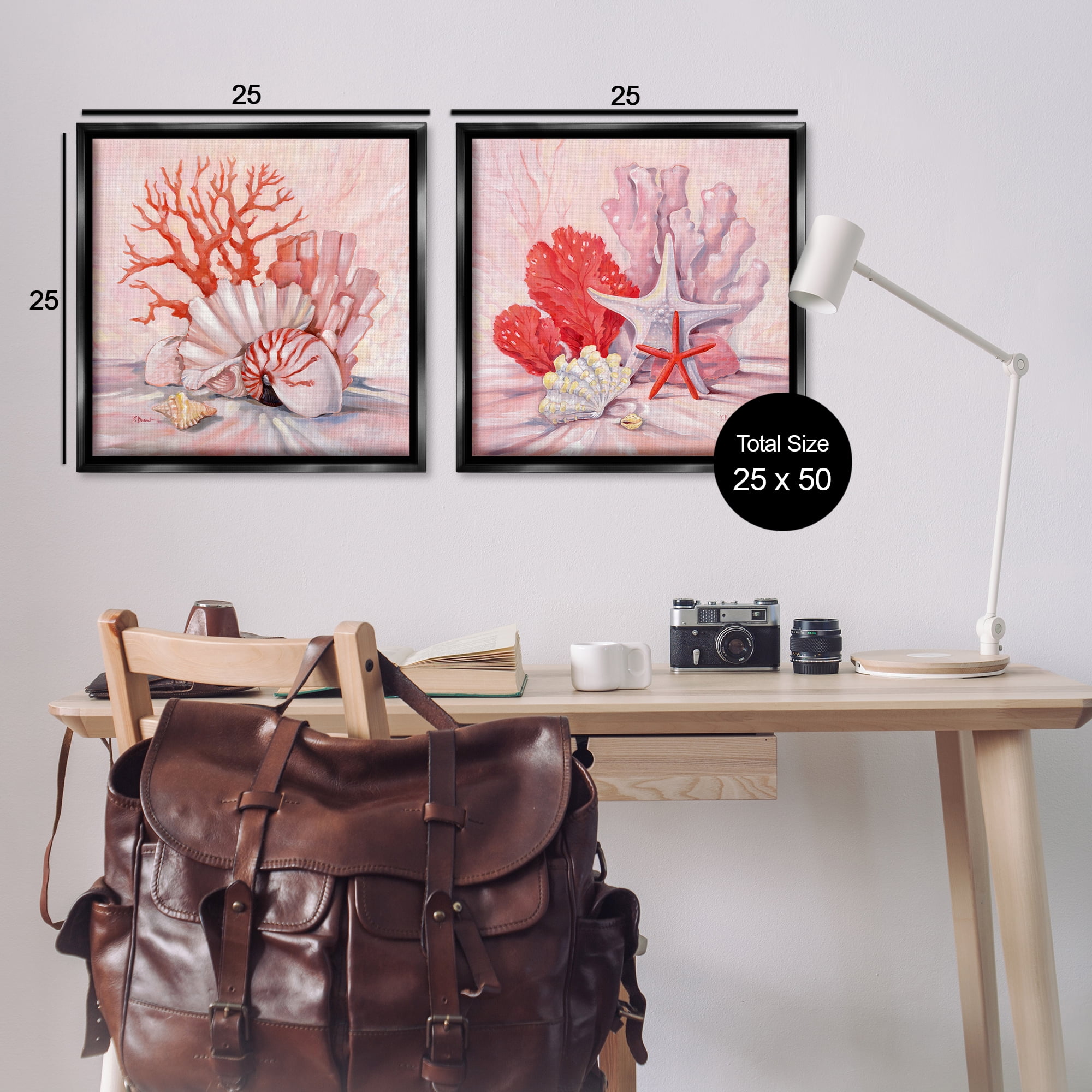 Stupell Industries Pink Coral Still Life Nautical & Beach Painting Black Floater Framed Canvas Art Print Wall Art, 25 x 25, Set of 2