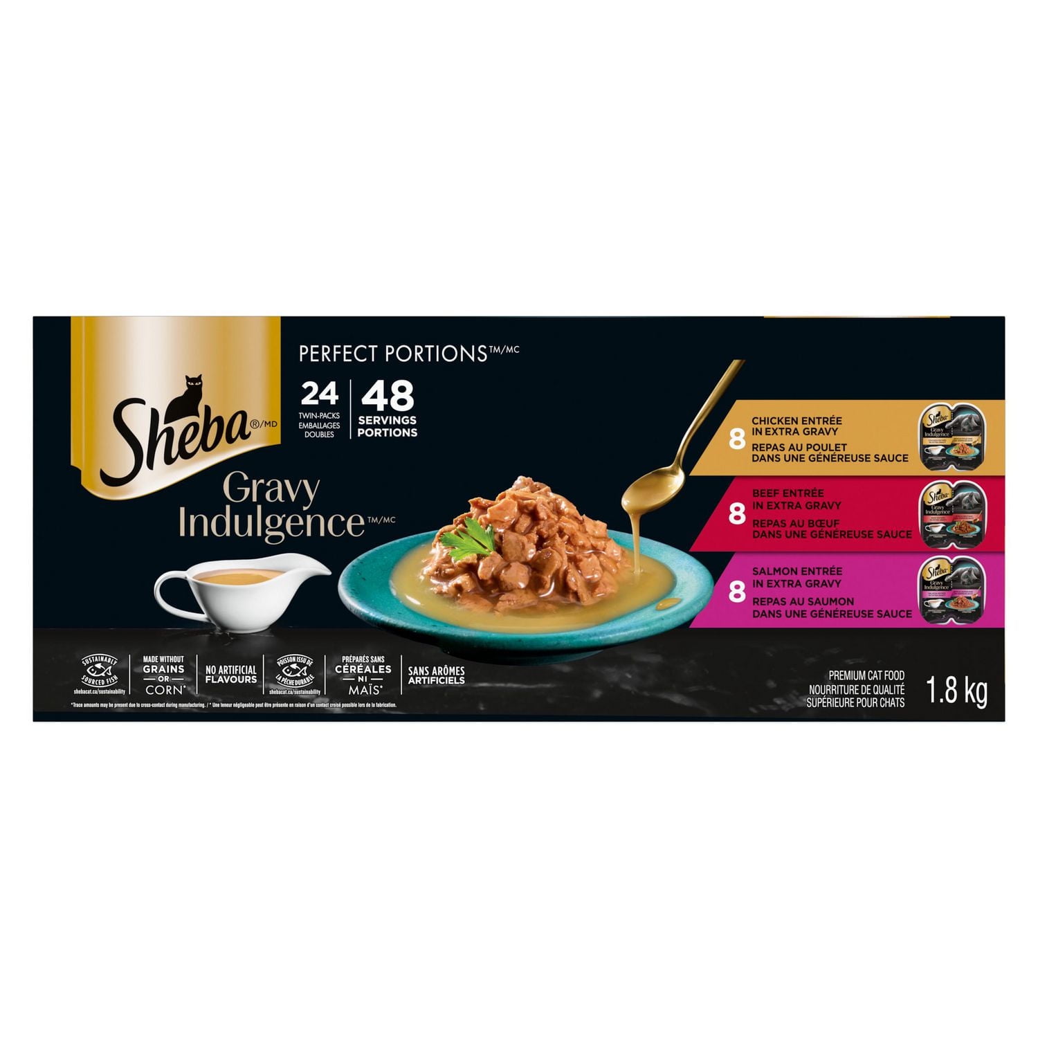 SHEBA GRAVY INDULGENCE PERFECT PORTIONS Adult Wet Cat Food Chicken & Beef & Salmon Entrée in Extra Gravy Variety Pack, 24x75g
