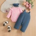 thumbnail image 5 of Utlike 2 Pack Girls Outfits Infant Long Sleeve Dot Prints Romper Bodysuit Cartoon Suspender Pants Clothing Set Going Out Outfits For Girl Size 6 Months-12 Months Pink, 5 of 7