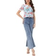 thumbnail image 2 of CAMISA CHIC Floral de Mujer de Manga Corta con Cuello Peter Pan de Encaje, Blusa de Botones, Azul Claro M, 2 of 6