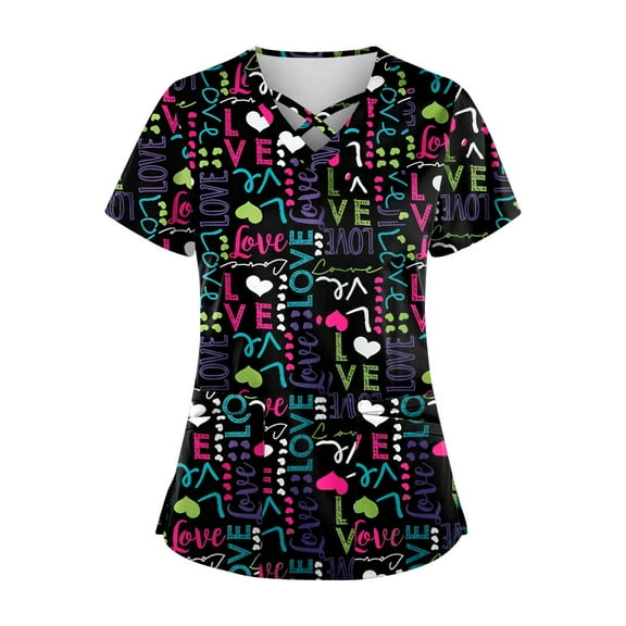 Womens Nurse Uniforms Summer Breathable Printed V-Neck Plus Size Scrub Tops Short Sleeve Professionals Soft Stretch Workwear Shirt with Pockets navy 5X-Large