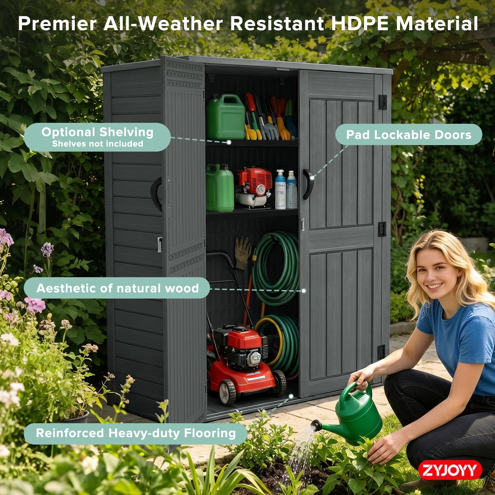 ZYJOYY 60 Cu.Ft Outdoor Resin Storage Shed with Floor & Double Doors, Lockable Waterproof All-Weather Garden Tool Shed for Patio & Backyard, Dark Gray