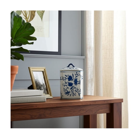 Elegant Ceramic Box Jar with Lid for Living Room and Home Decor for House - Table Decor Accent for Styling - Modern Decorative Flower Vase for Room, Bedroom or Office Display - 9", Blue & White