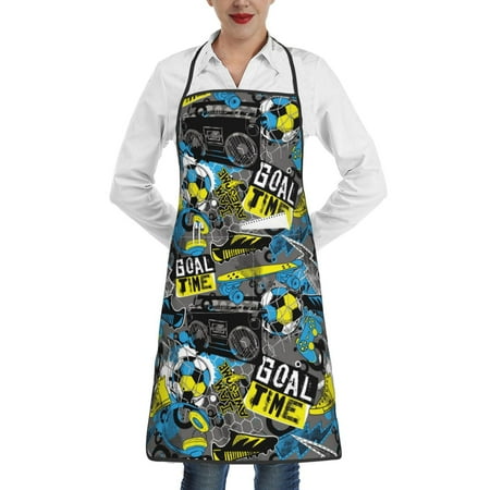 

Qekee Goal Time Print Adjustable Bib Apron Resistant with Pocket Cooking Kitchen Aprons for Women Men Server Chef Apron