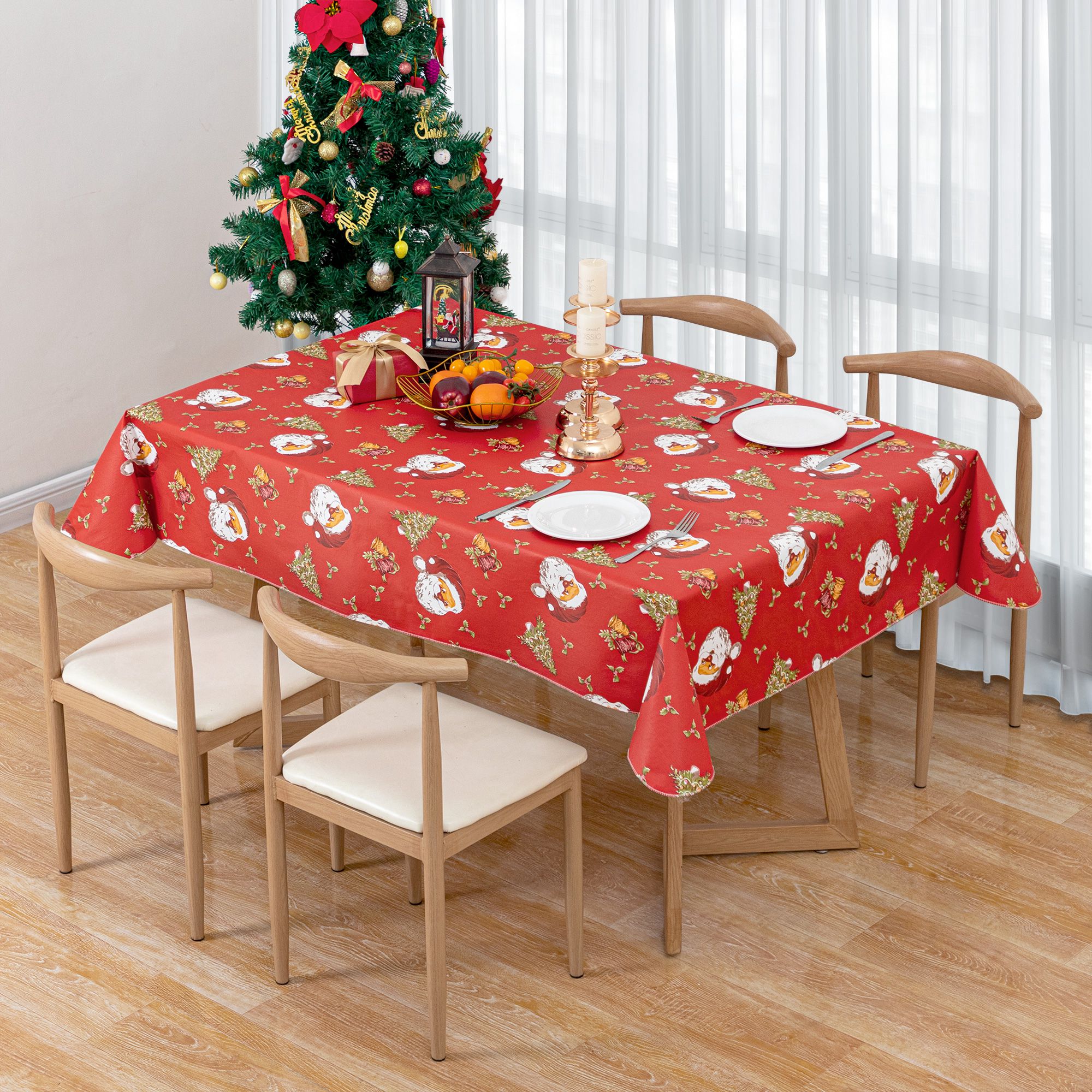 RAY STAR 60x120 inch Christmas Tablecloth Rectangle Vinyl with Flannel Backing Waterproof & Heavy Duty Plastic Table Cover for Dining