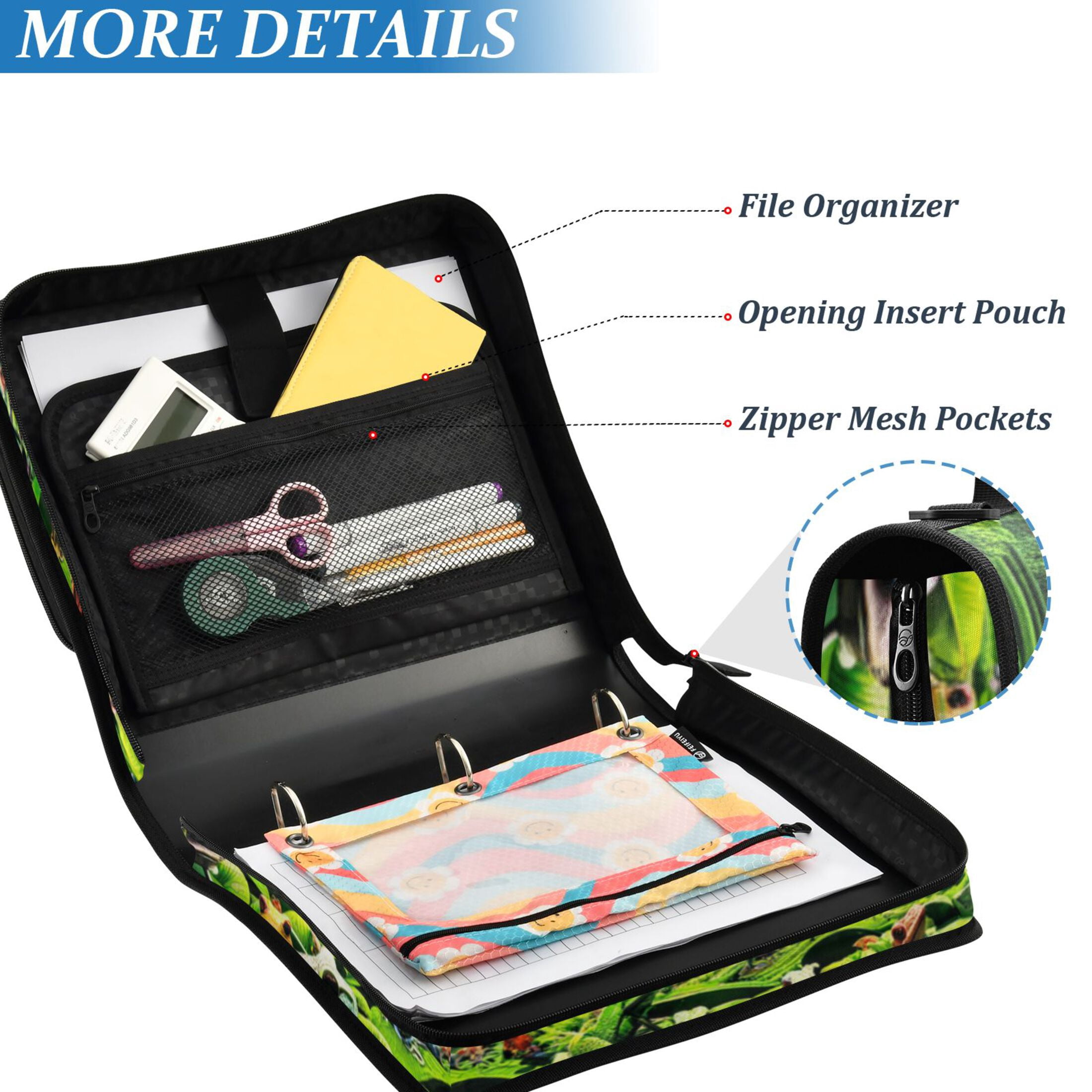 3 Ring Zipper Binder with Shoulder Strap Waterproof Trapper Keeper 2 Inch D-Ring 500 Sheets Capacity Colorful Frogs and Butterflies