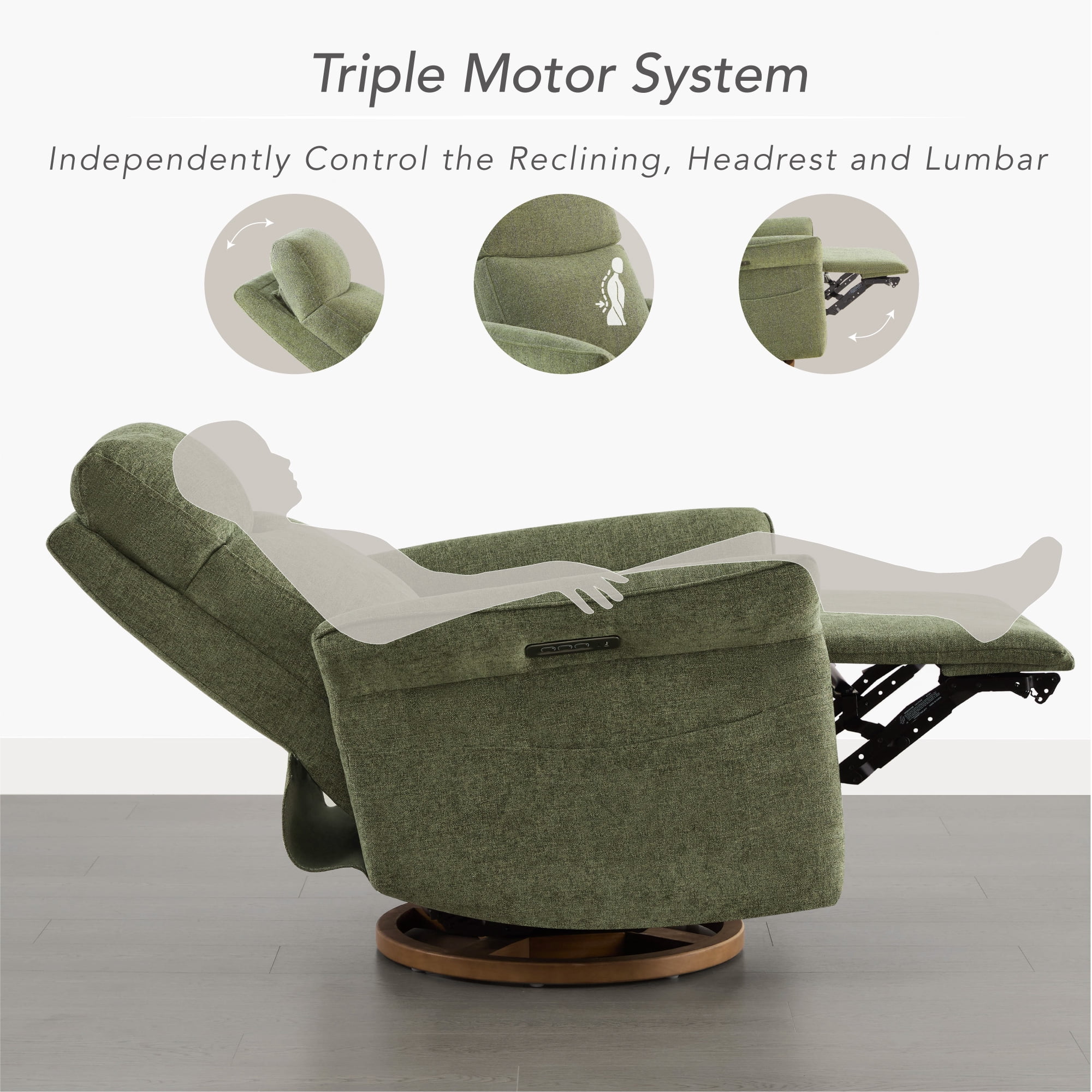 Spruce & Spring Triple Motor Power Swivel Recliner for Mothers, Moss Green-Linen-like Fabric