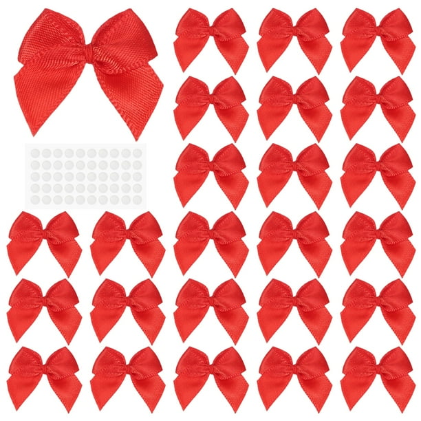 Uxcell 50Pcs Mini Lazos Pequeños Lazos de Cinta de Satén con Almohadillas Adhesivas para Manualidades Decoración de Bodas Fiestas Envoltura de Regalos Rojo