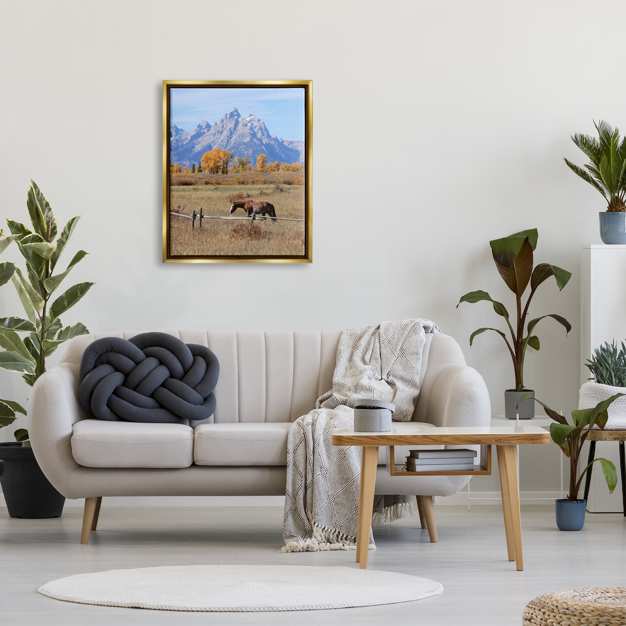 Stupell Industries Mountain Nature Horse Landscape Photography Gold Floater Framed Canvas Art Print Wall Art, 25 x 31