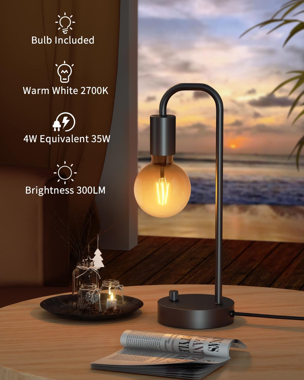 ONEWISH 15.75" Industrial Table Lamp Fully Dimmable Bedside Lamp with 2700K Bulb Nightstand Lamps for  Bedroom Dorm Office