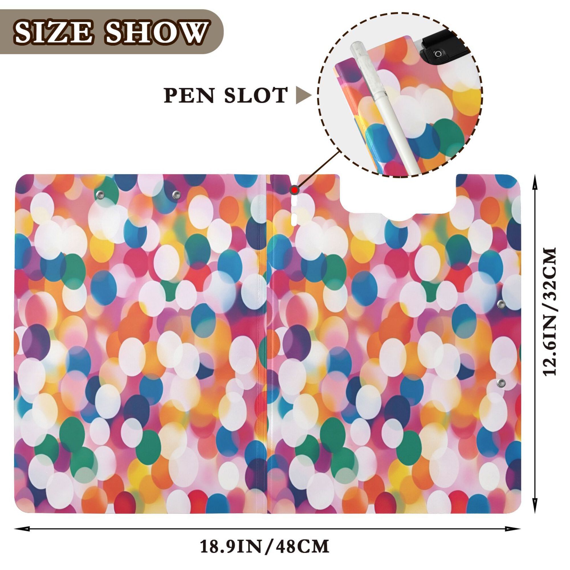 FORMRS A4 Clipboard Folder with Pen Holder Horizontal Foldable School Office Binder, White Colorful Circles