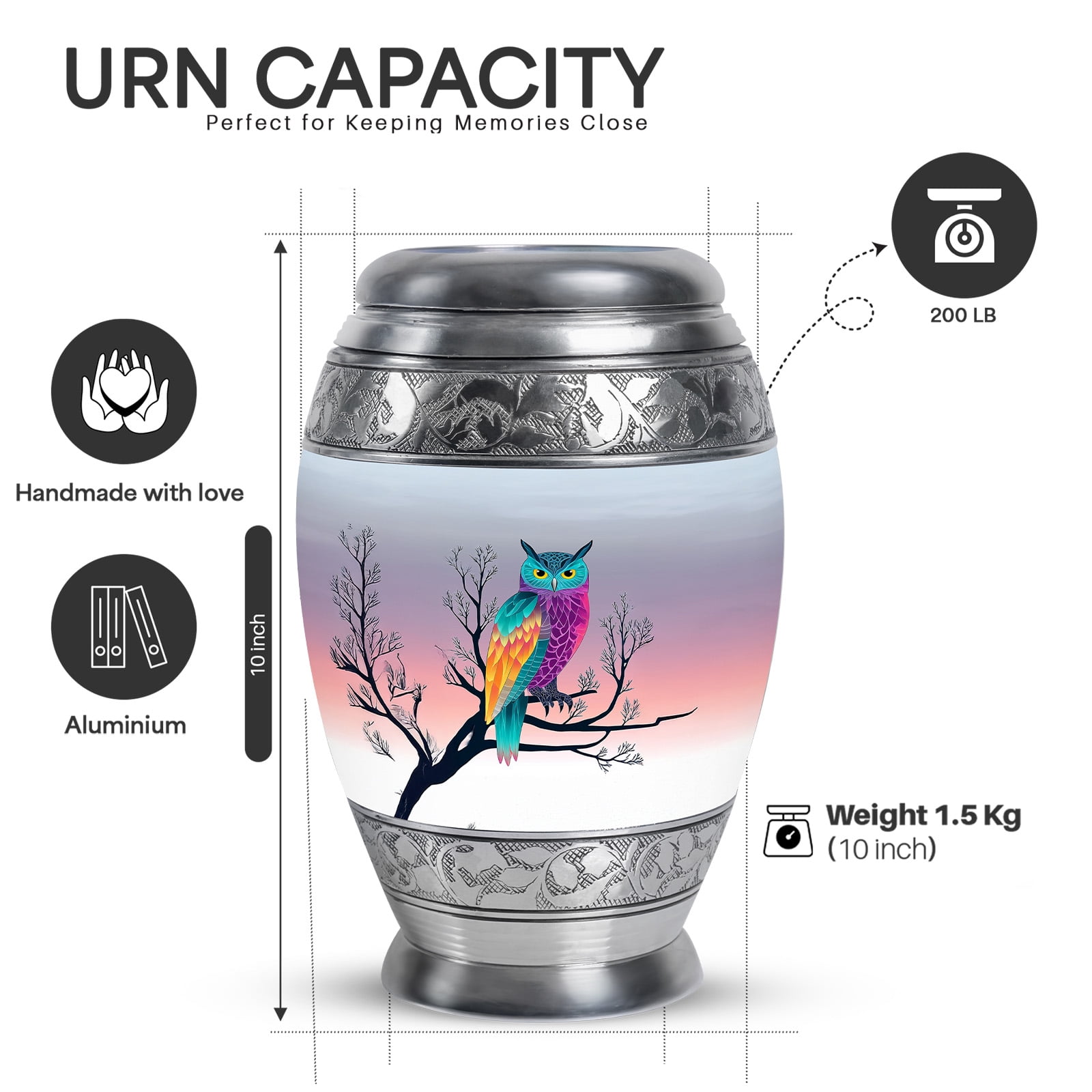 Yatskia Colorful Owl Large Cremation Urns for Human Ashes Adult Mother and Father, Burial Urn for Ashes Adult, (Monar Large, 10 Inch)