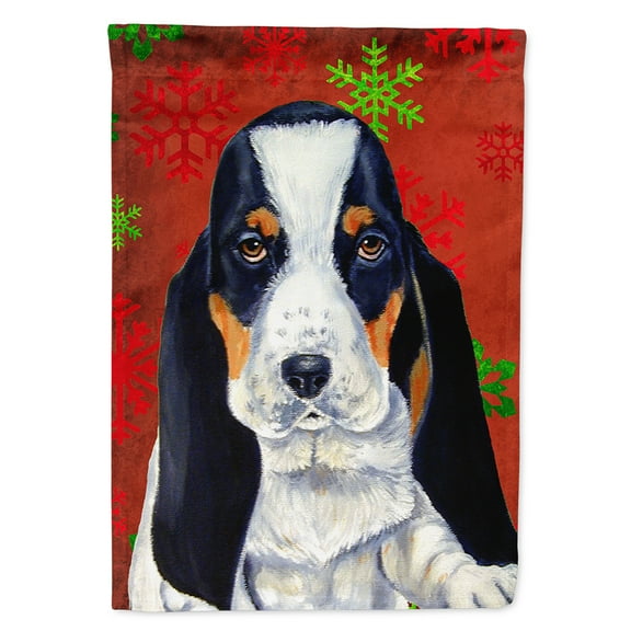 Basset Hound Red and Green Snowflakes Holiday Christmas Flag Canvas House Size