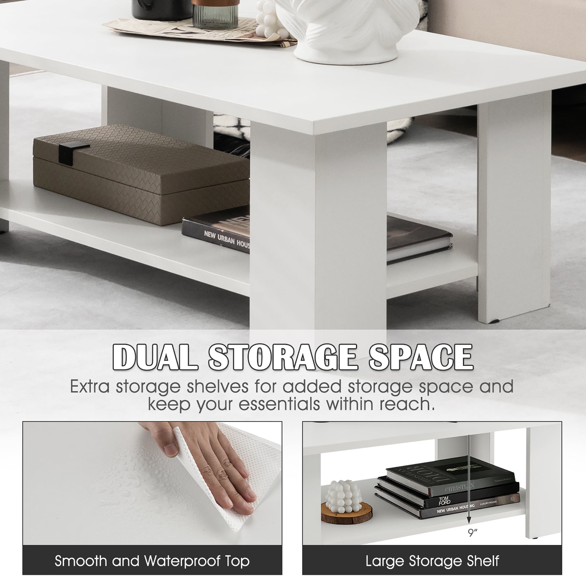 Costway Coffee Table 2-Tier Modern Center Cocktail Table W/Storage Shelf for Living Room White