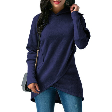 Women's Loose Hooded Irregular Long-sleeved Sweatshirt Warm Top Sweater ...