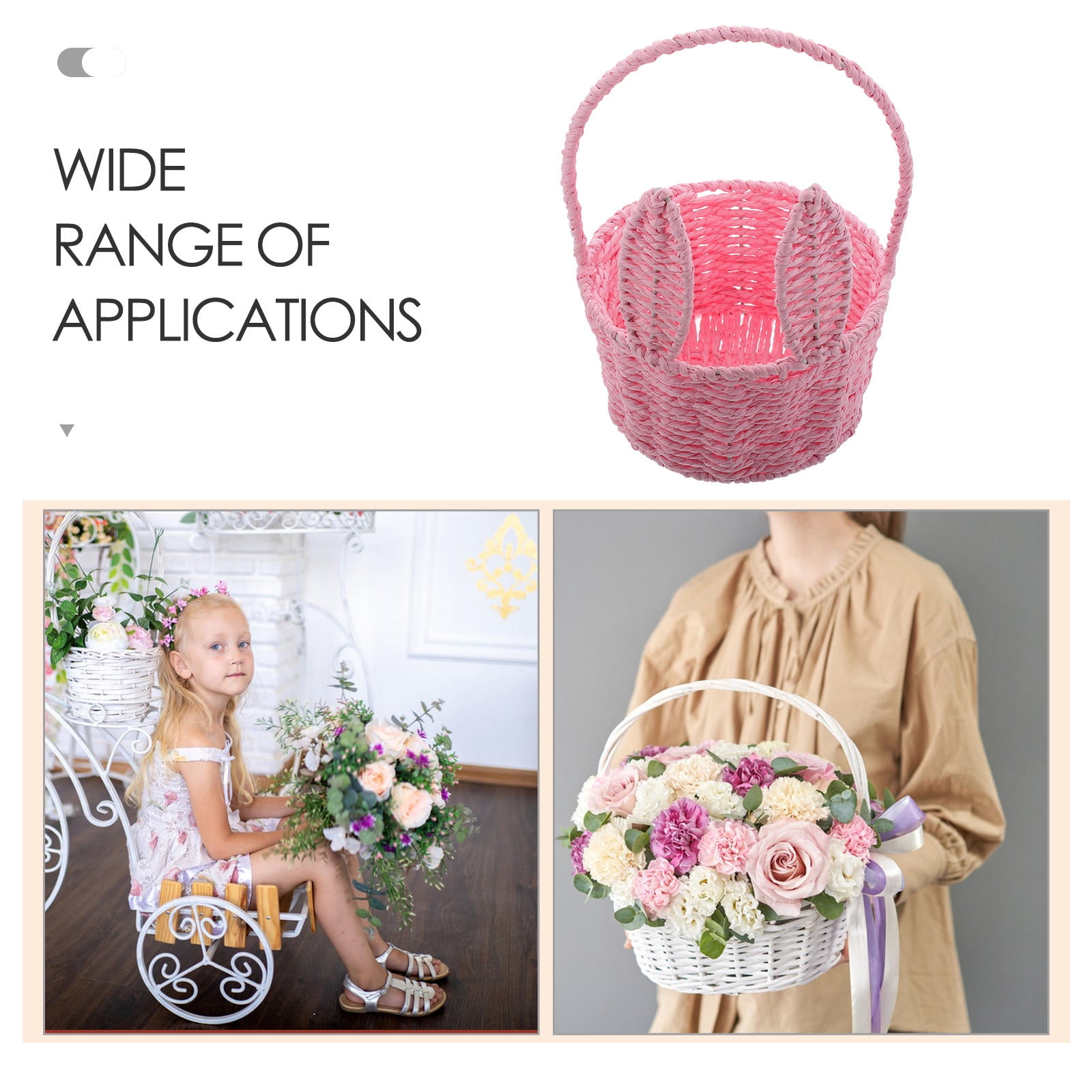 FRCOLOR Easter Bunny Woven Basket for Party Favors Handmade Straw Wicker Easter Candy Eggs for KidsCute Rabbit Picnic Hamper for Egg Hunt Party Present Toy Storage Pink