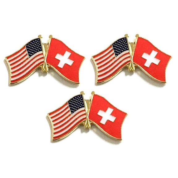 Switzerland & US Crossed Double Flag Lapel Pins, Pack of 3