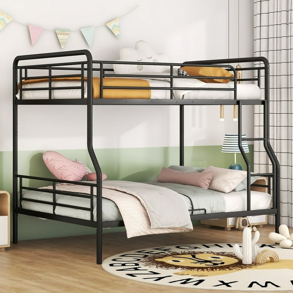 Full XL Over Queen Bunk Bed,Heavy Duty Metal Bed Frame Sturdy Guard Rail for Kids/Adults,Can be Divided Into Two Beds,Black