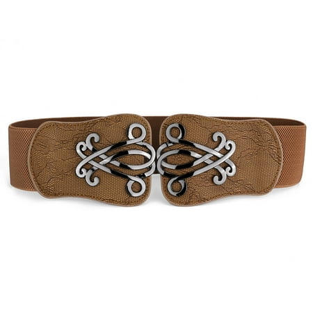 Snake Print Faux Leather Interlocking Buckle Brown Elastic Cinch