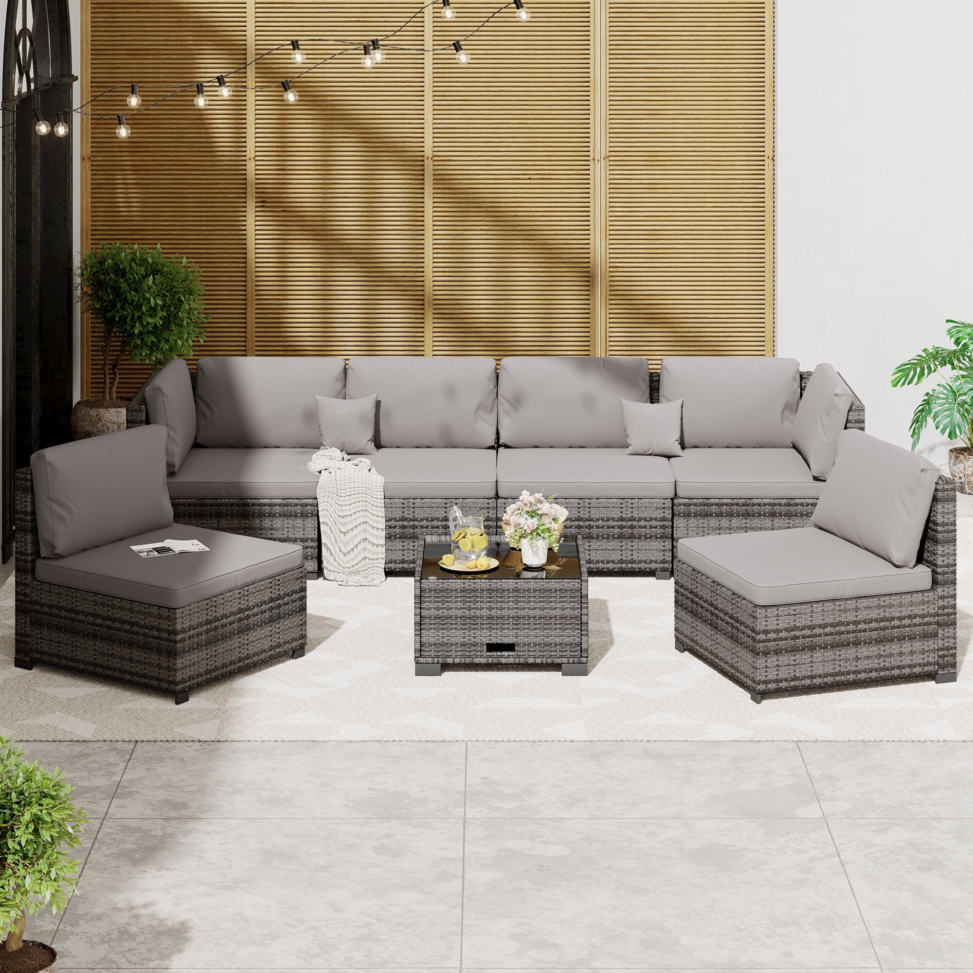 Bifanuo 7 Piece Patio Furniture Set, Outdoor Furniture Patio Sectional Sofa, All Weather PE Rattan Outdoor Sectional with Cushion and Coffee Table.