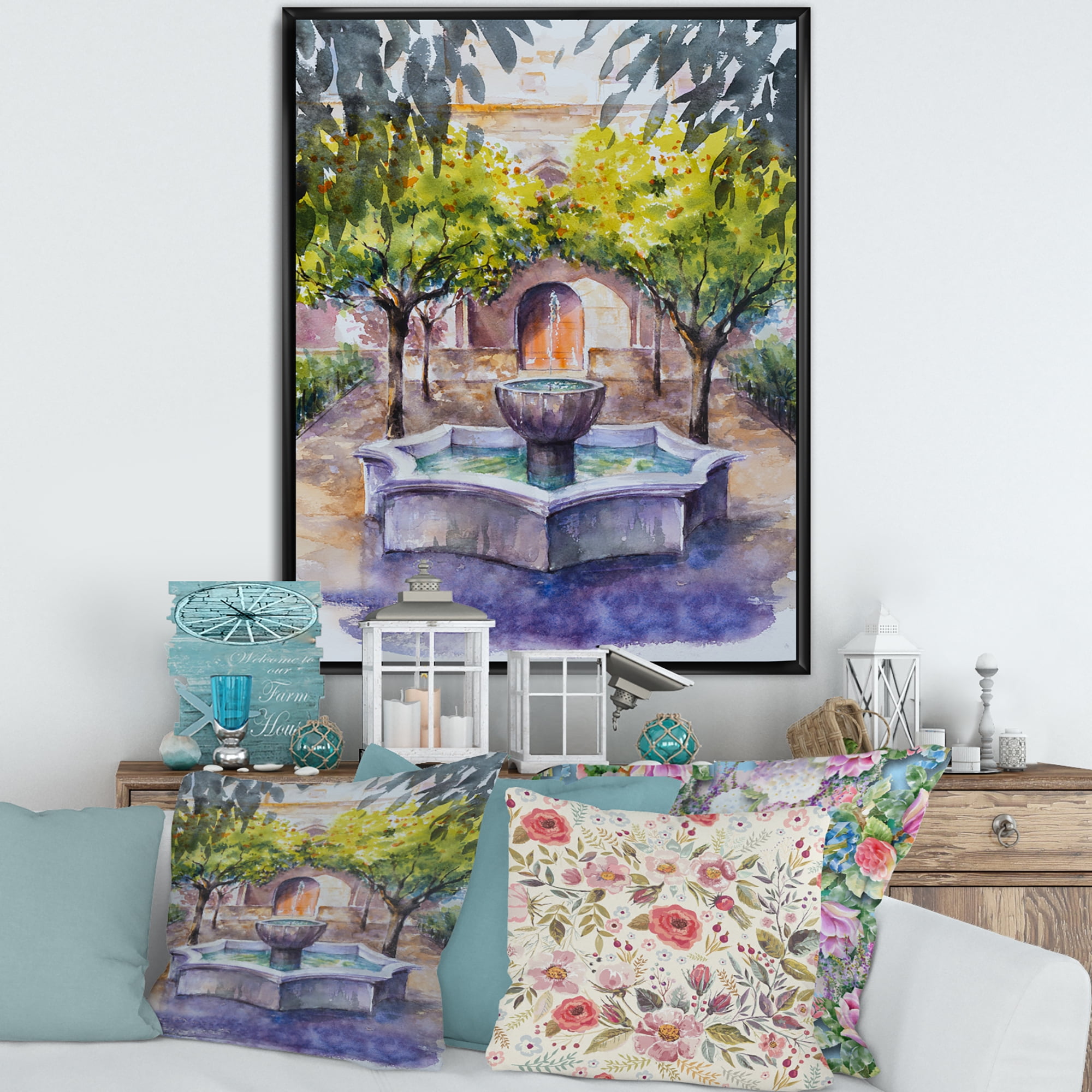 Designart 'Small Fountain With Trees In The Village House' Country Framed Canvas Wall Art Print