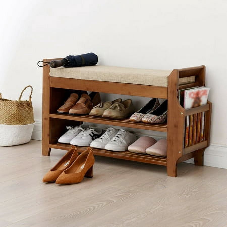 2 Tier Shoe Bench Shoe Storage Bench Rack Entryway Shoe Stool & Soft Seat Entryway Shoe Bench 2-Tier Vintage Shoe Rack Foyer Storage Benches Wood Shoe Cabinet with Small Drawer and Side Space