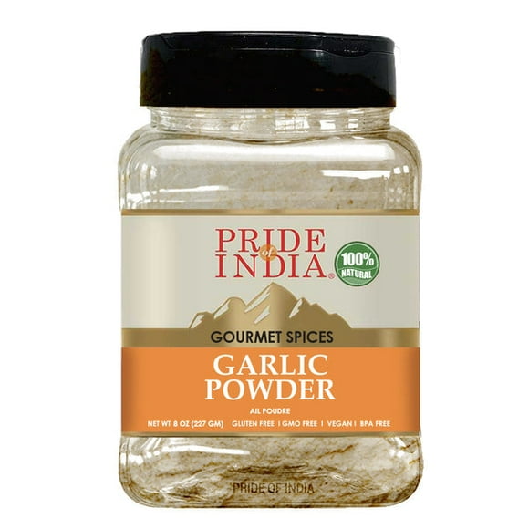 Pride of India Ail Finement Moulu – Qualité Gastronomique et Culinaire – Assaisonnement Classique pour Pâtes, Sauces, Trempettes et Pâtisseries – Facile à Utiliser – Petit Flacon à Double Tamis de 85 g
