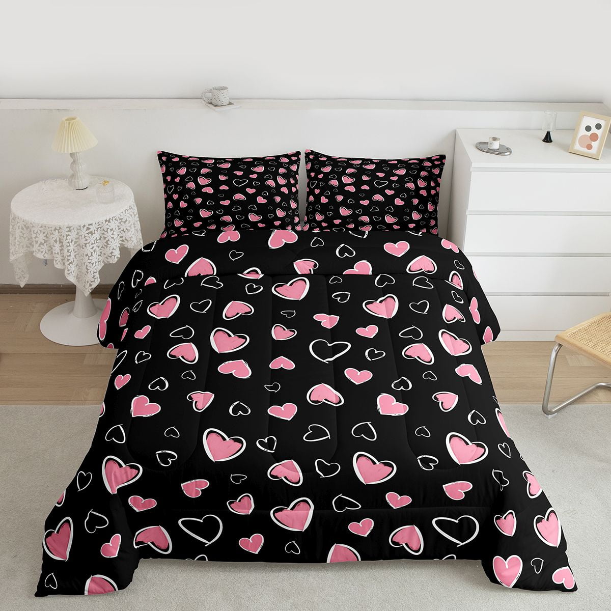 Feelyou Chic Love Heart Full Size Comforter Sets for Kid, Abstract Grey Bedding Comforter Set, Modern Fashion Cartoon Reversible Bedding Sets, Breathable Home Decor, 3-Piece