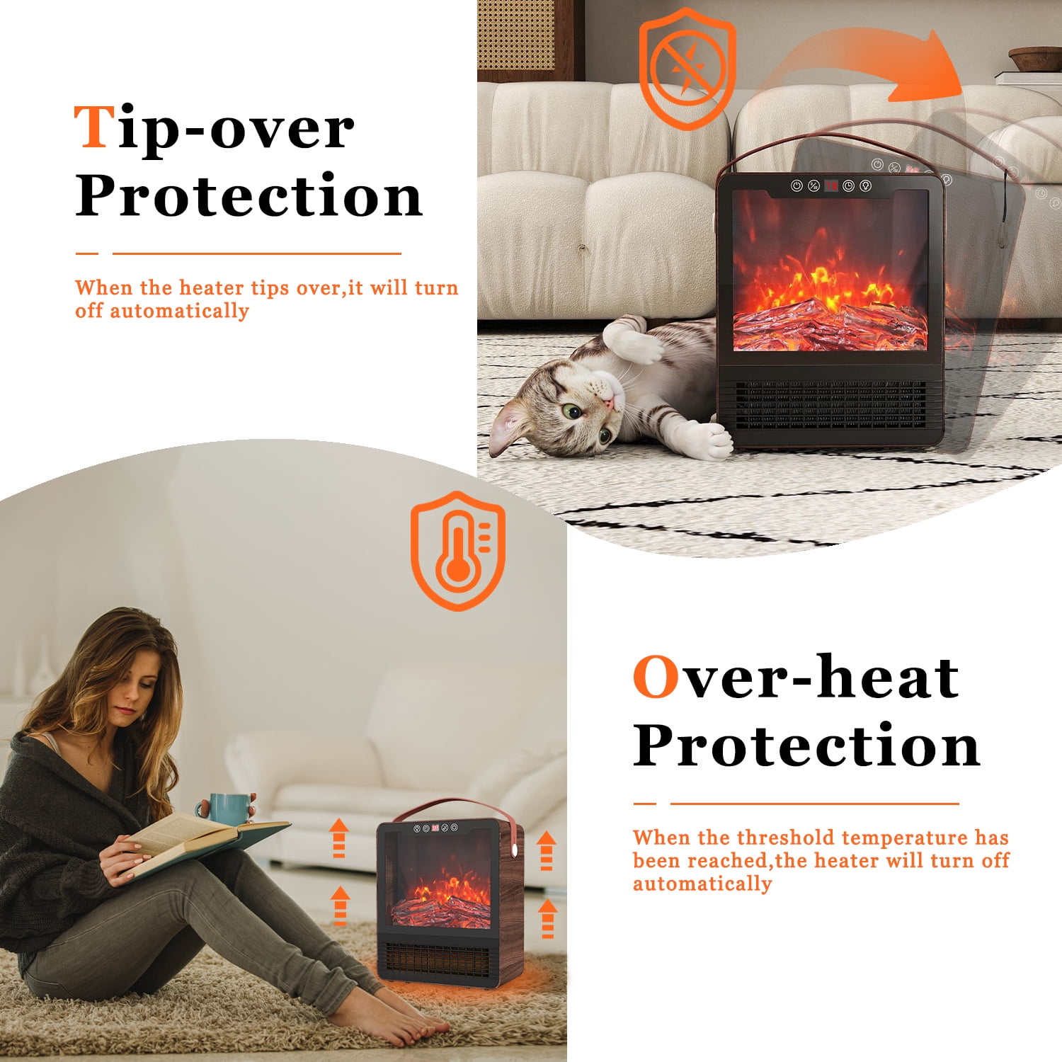 Portable Electric Fireplace Space Heater for Indoor Use, Remote Control, 3 Mode Settings, 24H Timer & Safety Tip-Over Protection