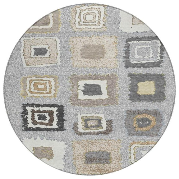 HomeRoots 629090 8 ft. Gray Charcoal & Beige Geometric Washable Transitional Indoor & Outdoor Round Area Rug