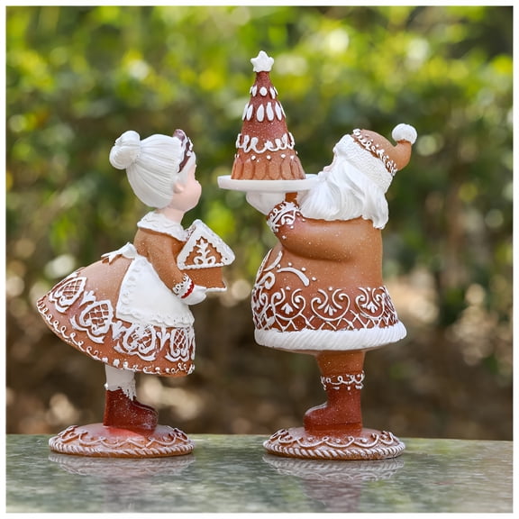 BESTSKY 2Pc Gingerbread Santa & Mrs Santa Figurines Resin Christmas Decor for Home Christmas Figurines
