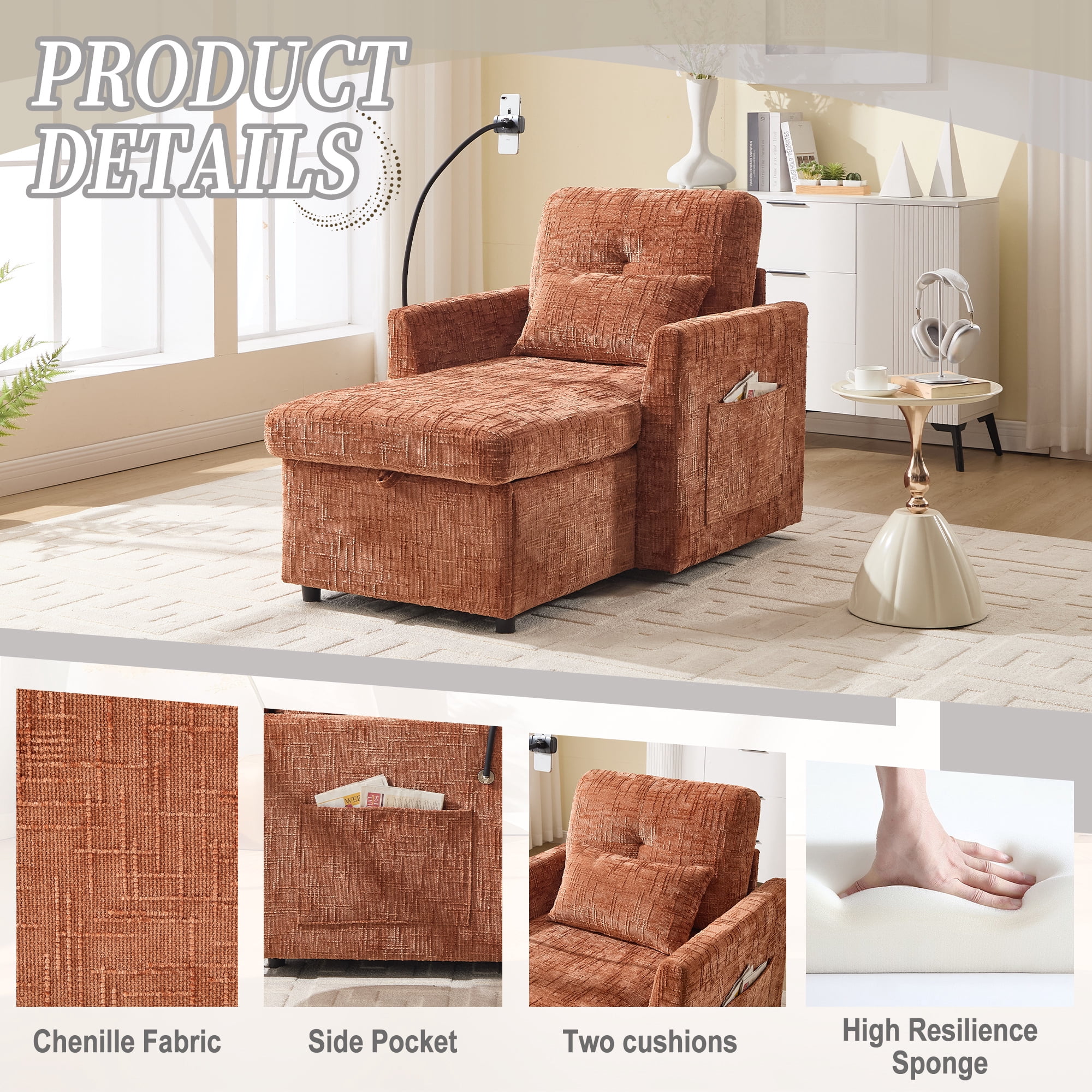 Aukfa Storage Chaise Lounge Single Sofa with Phone Holder and Pillow for Living Room Bedroom, Chenille, Orange