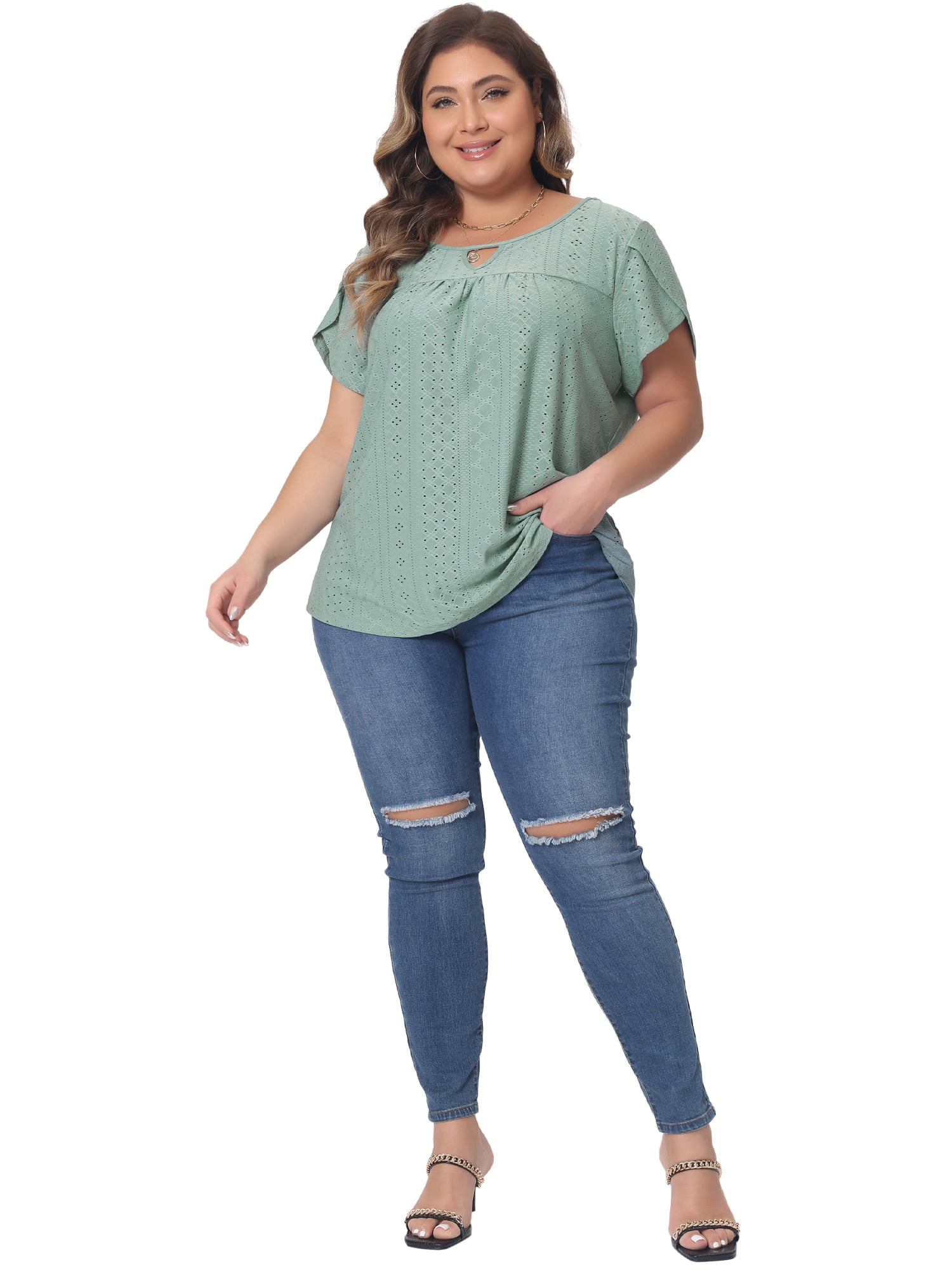 Women's Plus Petal Sleeve Keyhole Neck Loose Fit Casual Top for Women 2X Green