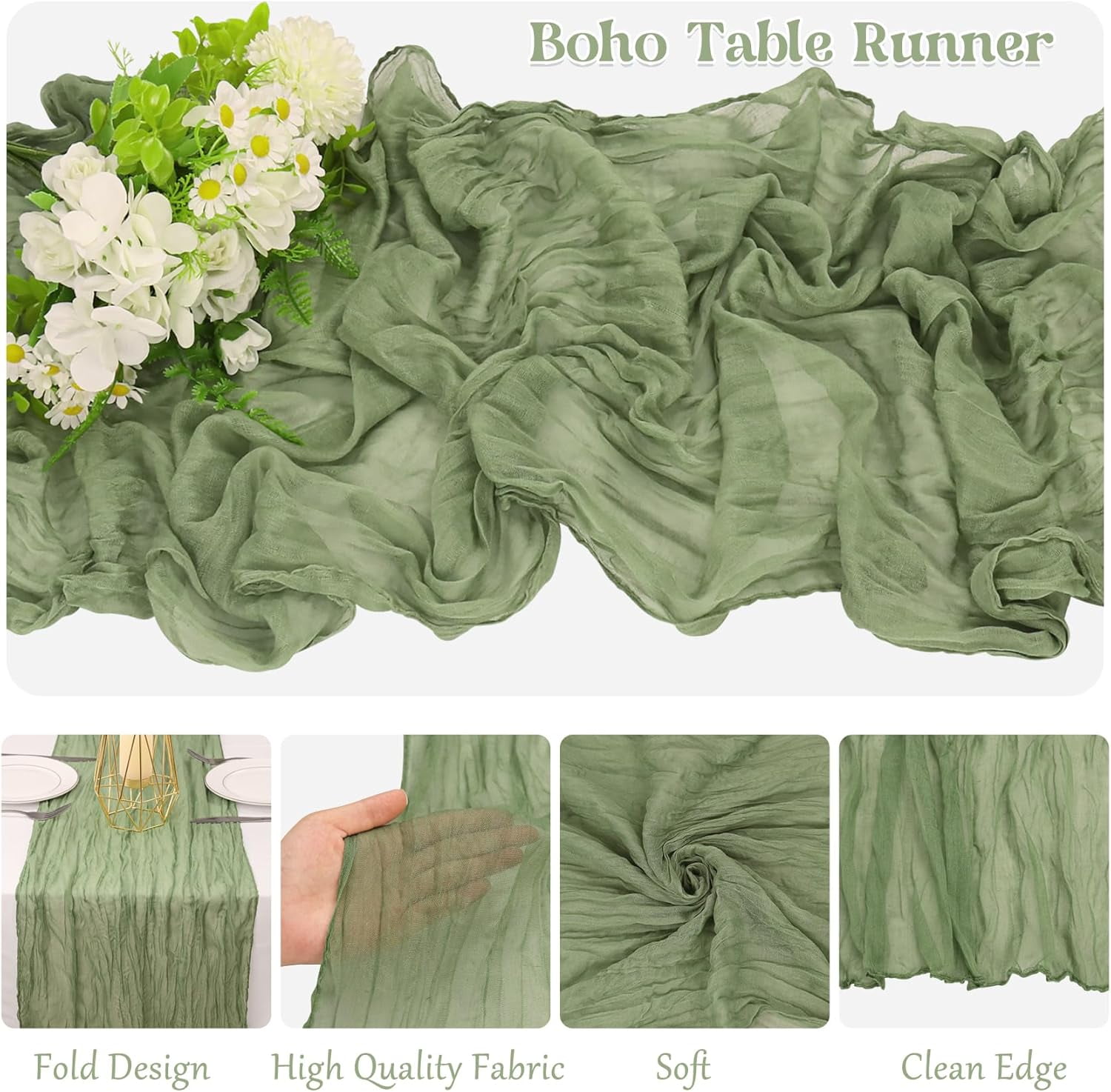 10 Pack Sage Green Cheesecloth Table Runner 10FT Boho Gauze Fabric Vintage Rustic